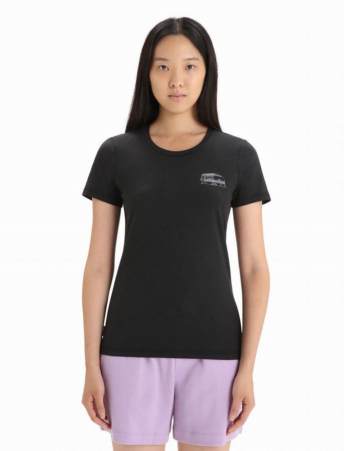 Camiseta Icebreaker Merino Central Classic Corta Sleeve Caravan Life Mujer Negros | IIQ2171PZ