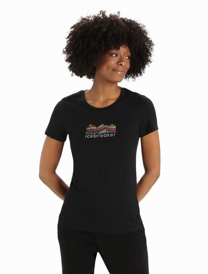 Camiseta Icebreaker Merino Tech Lite II Corta Sleeve Mountain Geology Mujer Negros | SQB9081XA