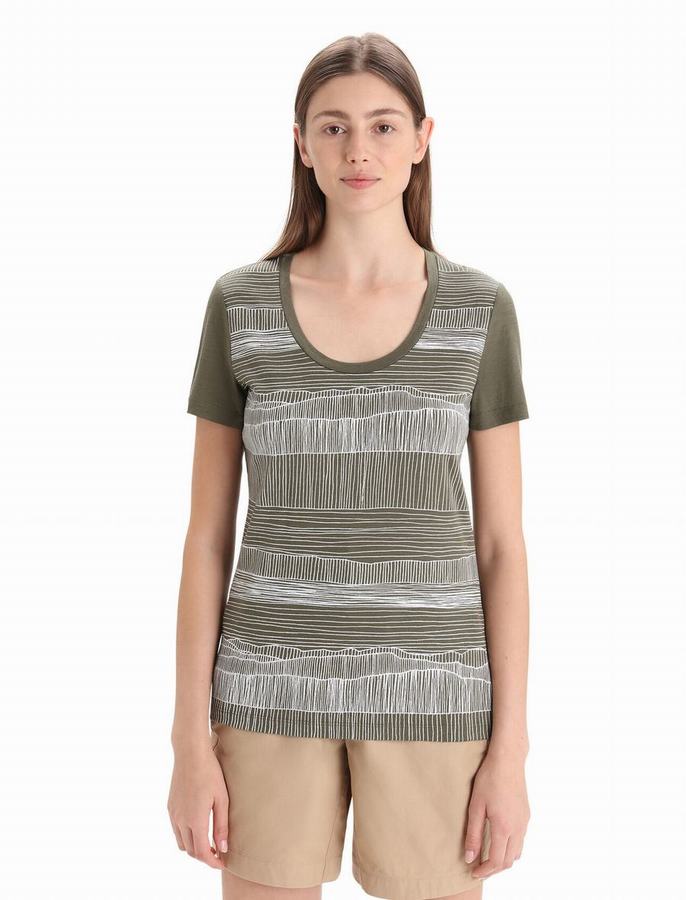 Camiseta Icebreaker Merino Tech Lite II Corta Sleeve Scoop Reflection Lines Mujer Verde Oliva | VZR7192KG