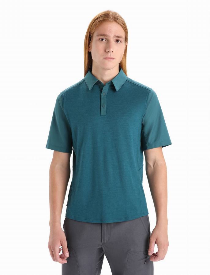 Camisa Polo Icebreaker Merino Hike Corta Sleeve Hombre Verdes Azules | QLZ326MJ