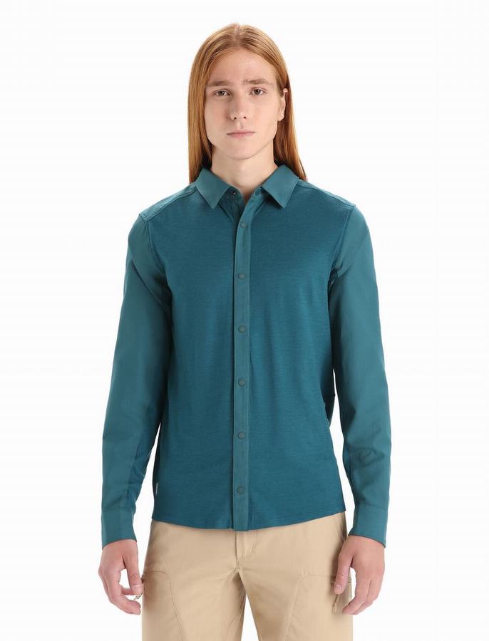 Camisas Icebreaker Merino Hike Long Sleeve Hombre Verdes Azules | KJA974NS