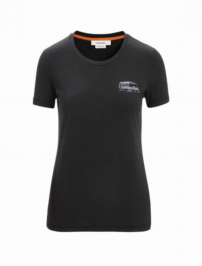 Camiseta Icebreaker Merino Central Classic Corta Sleeve Caravan Life Mujer Negros | IIQ2171PZ