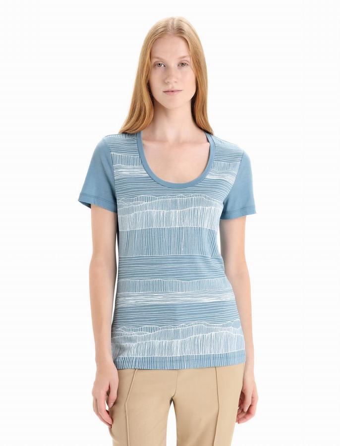 Camiseta Icebreaker Merino Tech Lite II Corta Sleeve Scoop Reflection Lines Mujer Azules | BNB8341RW