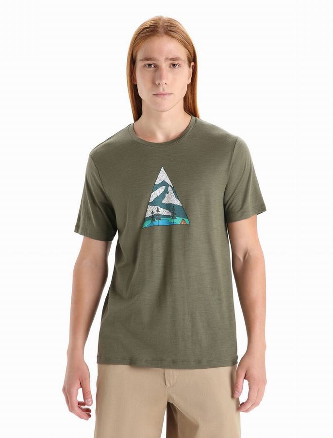 Camiseta Icebreaker Merino Tech Lite II Corta Sleeve Camping Grounds Hombre Verde Oliva | CZP1467MK