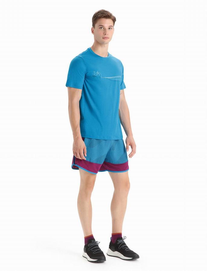 Camiseta Icebreaker Merino Tech Lite II Corta Sleeve Cadence Paths Hombre Azules | OUS3553PN