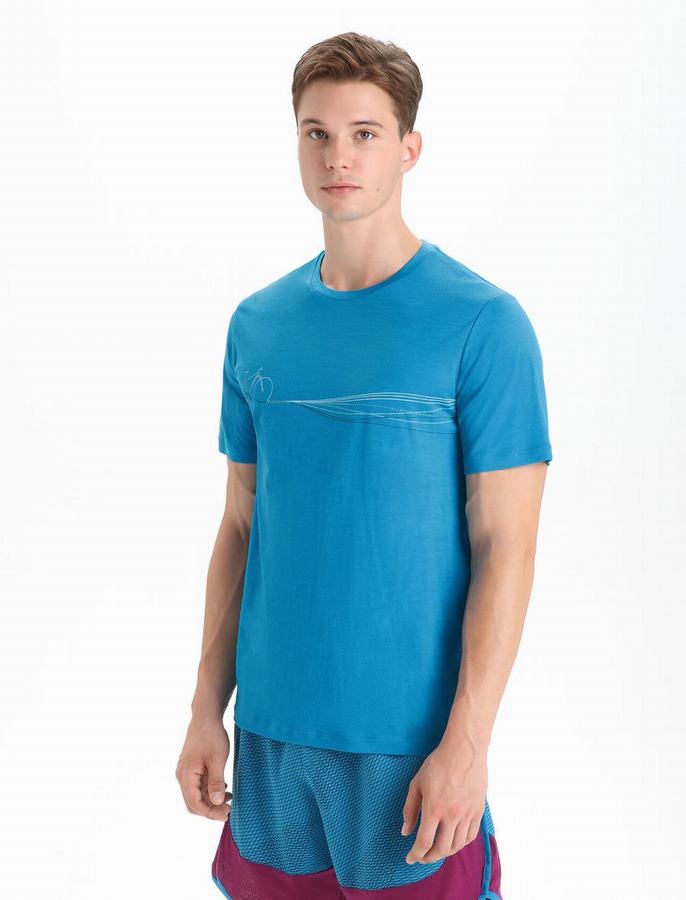 Camiseta Icebreaker Merino Tech Lite II Corta Sleeve Cadence Paths Hombre Azules | OUS3553PN