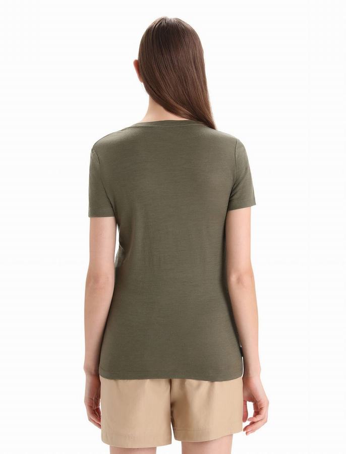 Camiseta Icebreaker Merino Tech Lite II Corta Sleeve Scoop Reflection Lines Mujer Verde Oliva | VZR7192KG