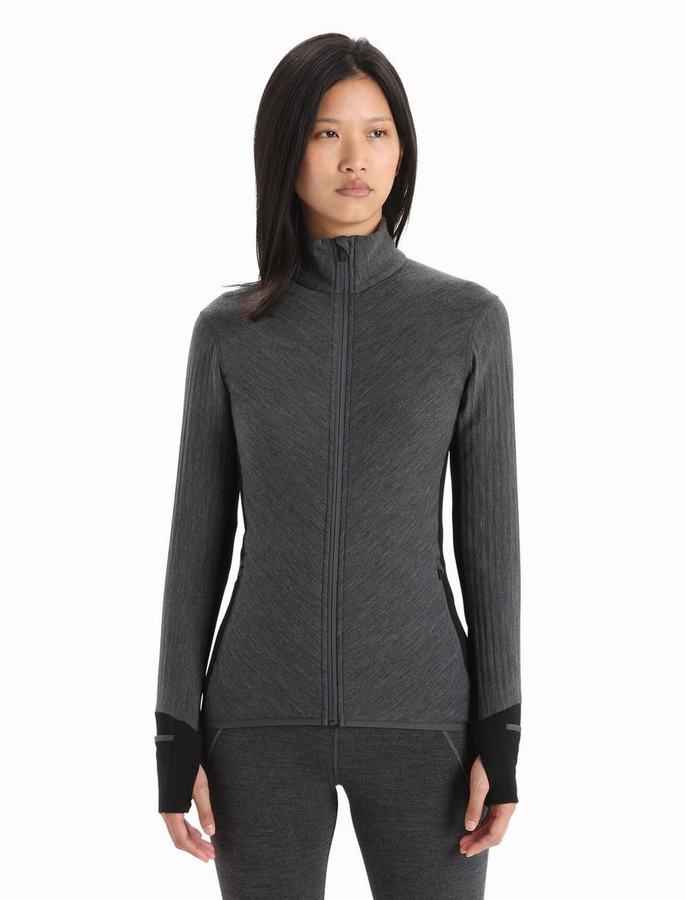 Chaquetas Icebreaker RealFleece™ Merino Descender Long Sleeve Zip Mujer Grises Negros | YJW5475AG