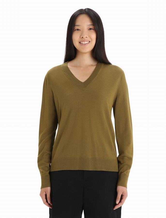 Prendas de Punto Icebreaker Merino Wilcox Long Sleeve V Neck Mujer Verdes Oscuro | ADI5190VK